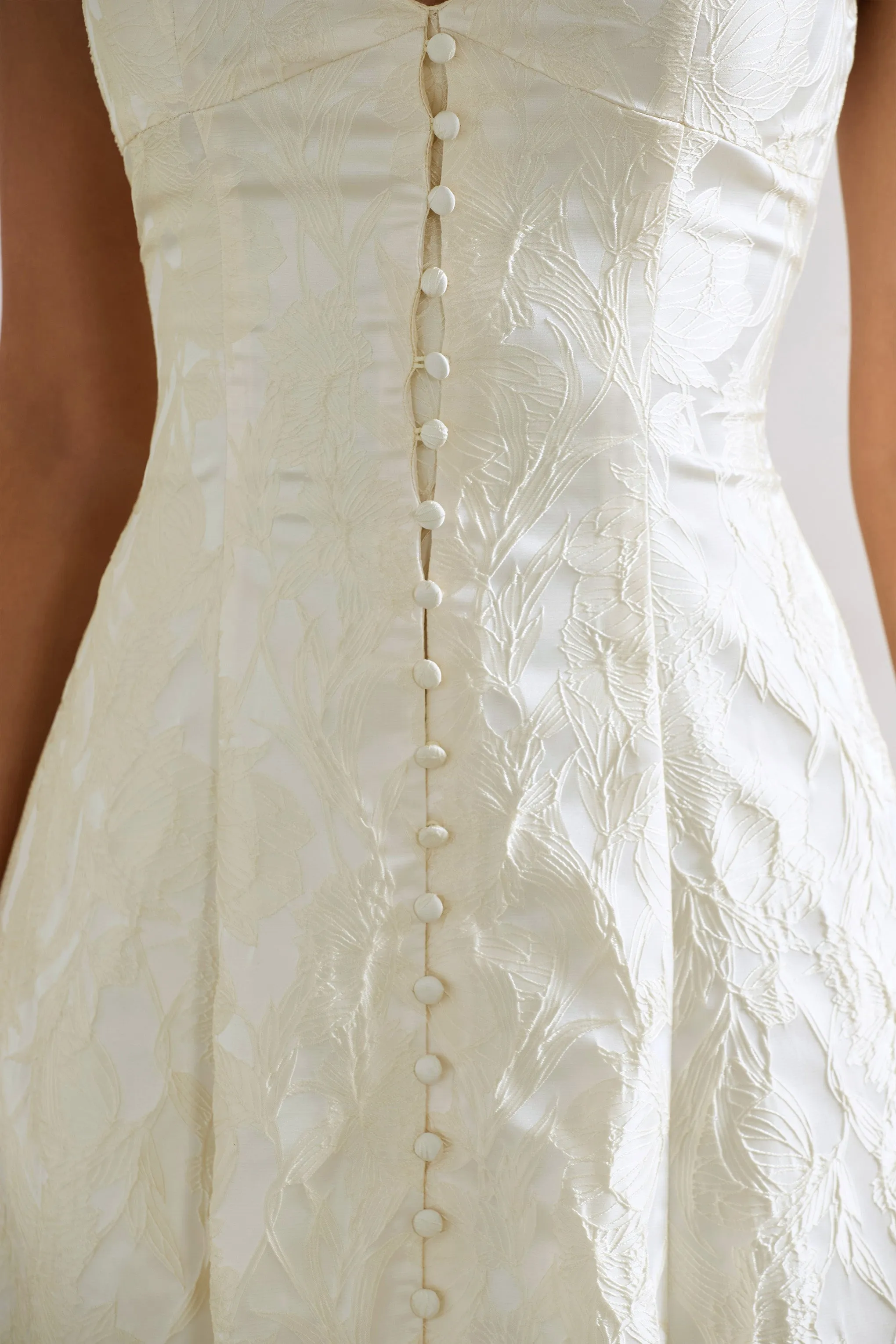 Mona | Ecru Jacquard Plunge-Neck Button Midi Dress