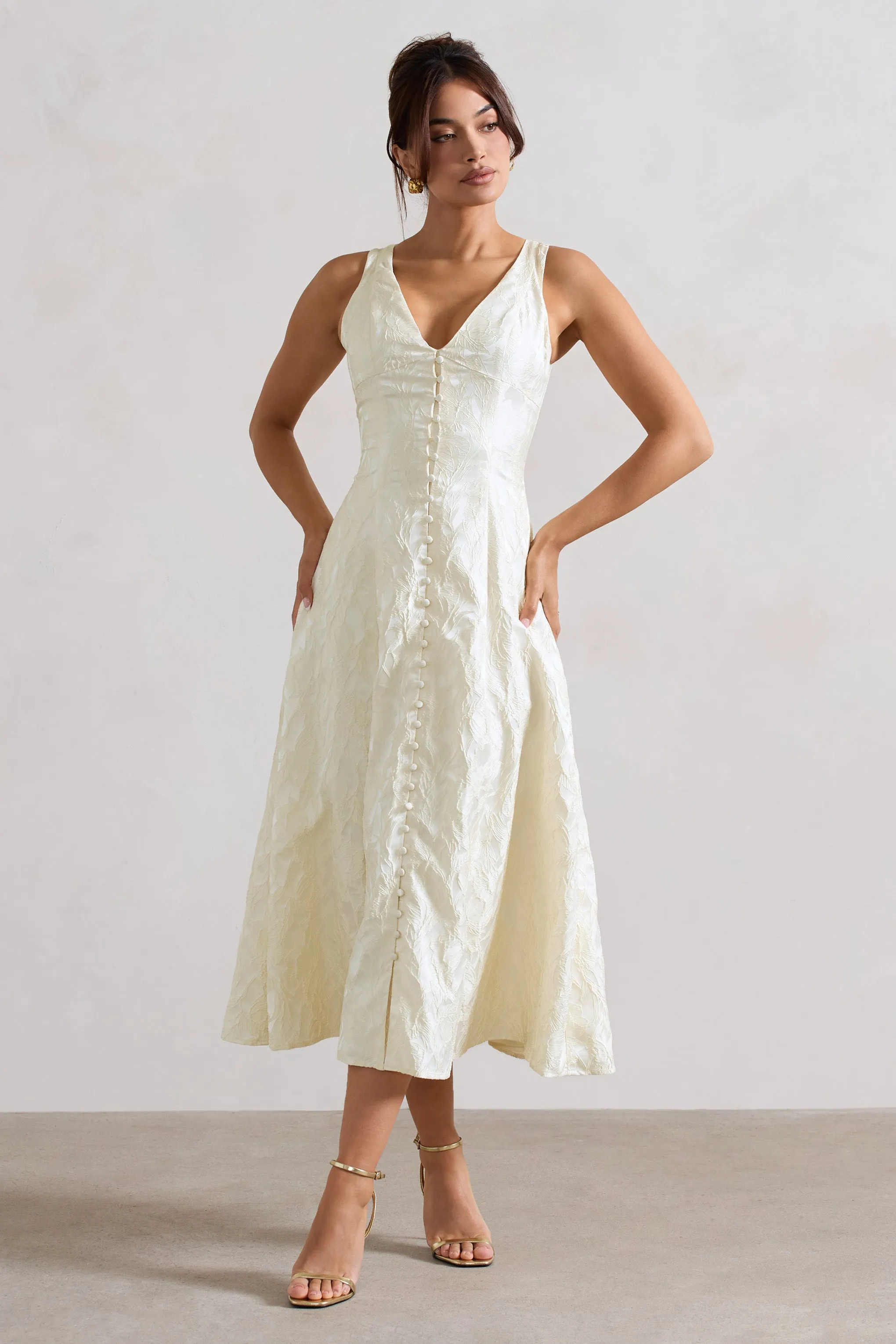 Mona | Ecru Jacquard Plunge-Neck Button Midi Dress