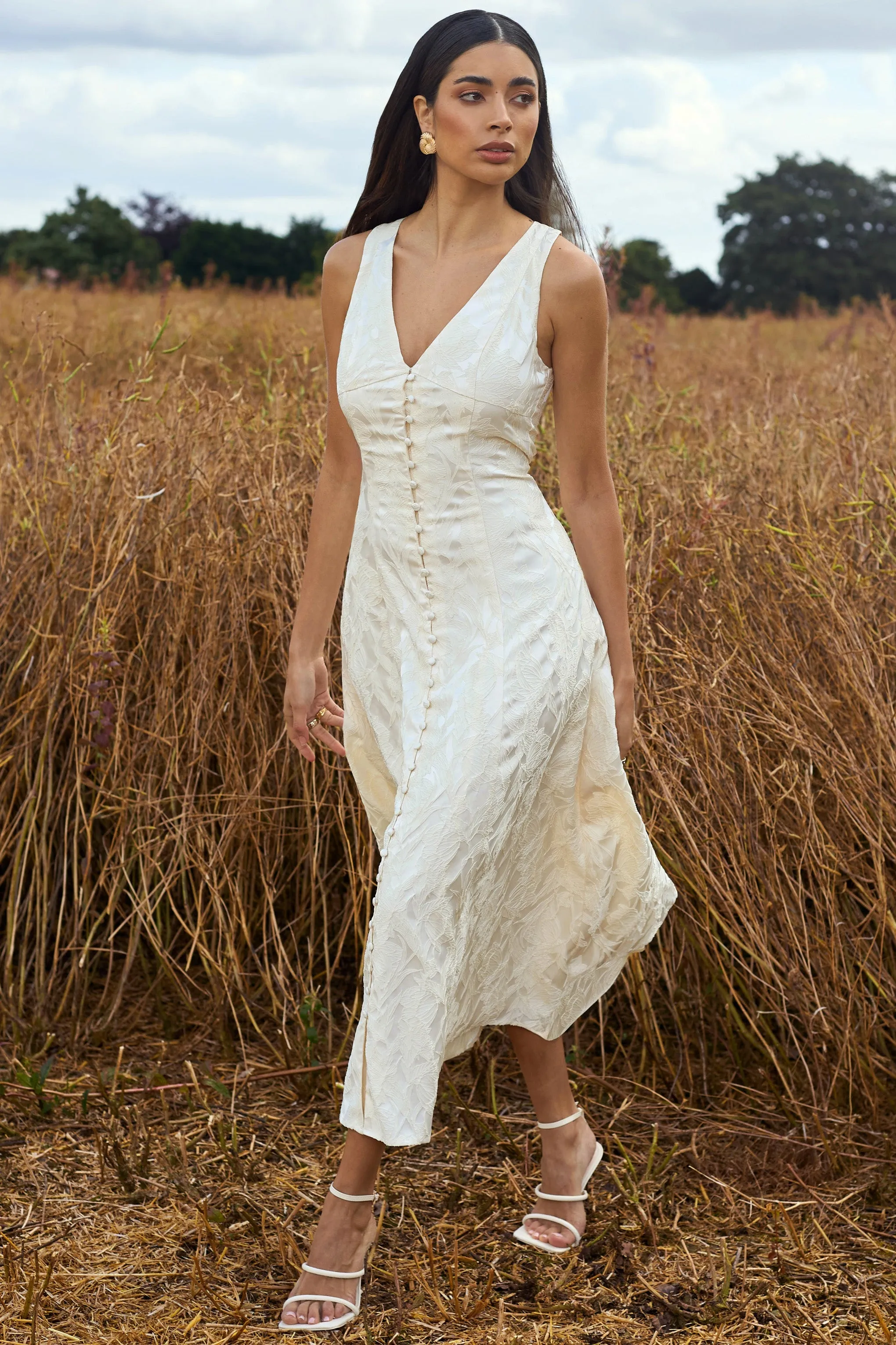 Mona | Ecru Jacquard Plunge-Neck Button Midi Dress