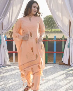 Peach Block Print Kurta Suit Set