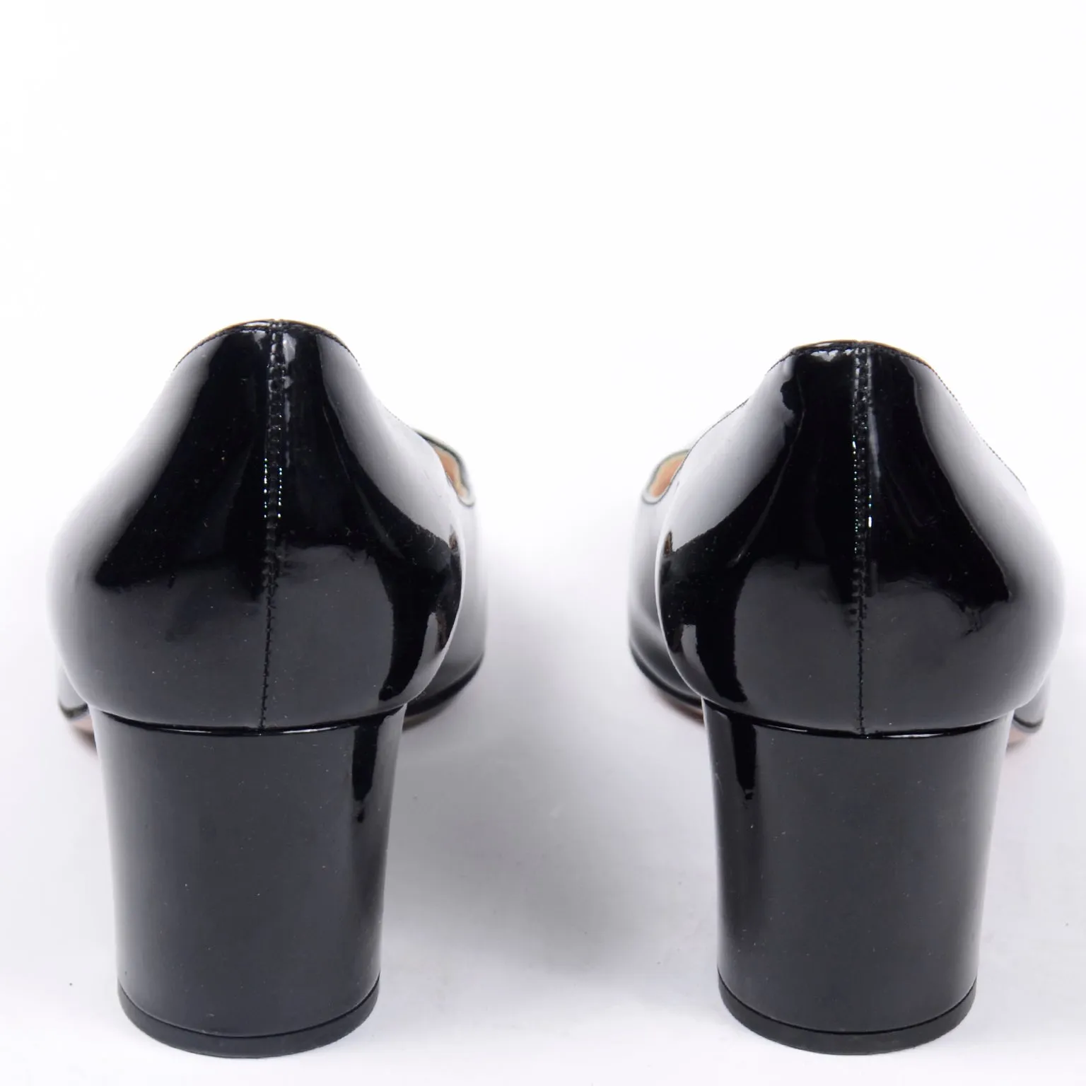 Prada Black Patent Leather Low Heel Pumps w Silver Monogrammed Buckle 40