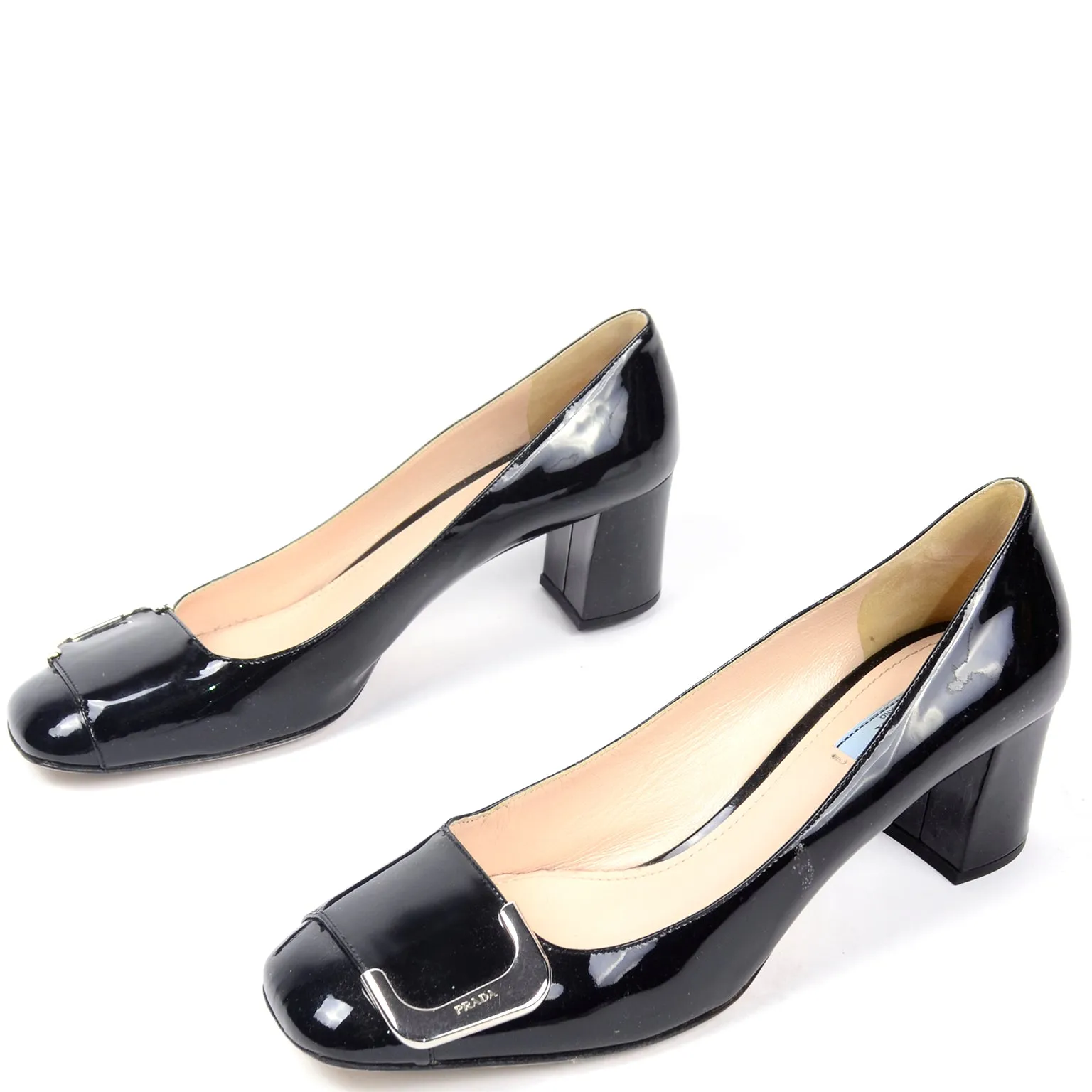 Prada Black Patent Leather Low Heel Pumps w Silver Monogrammed Buckle 40