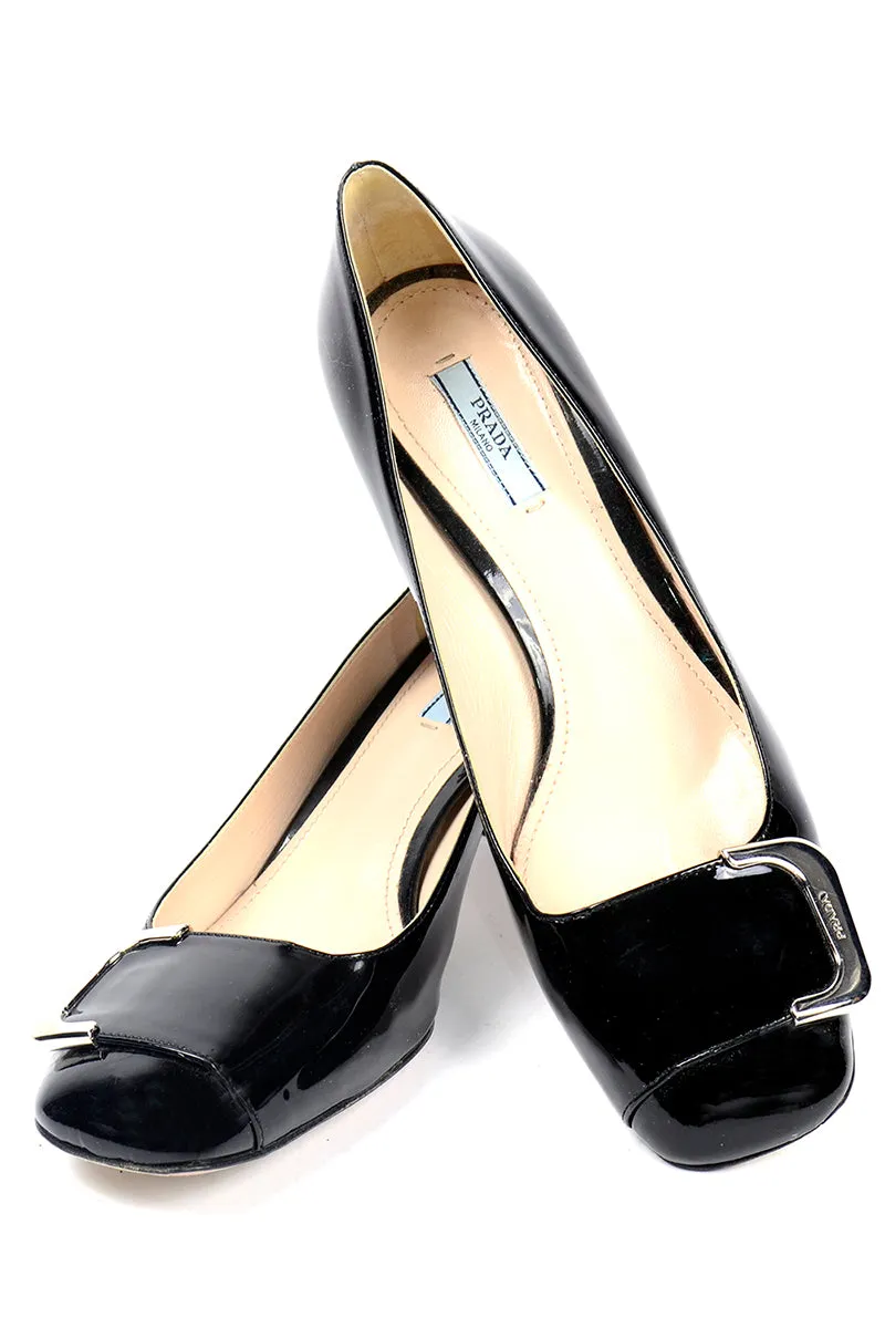 Prada Black Patent Leather Low Heel Pumps w Silver Monogrammed Buckle 40