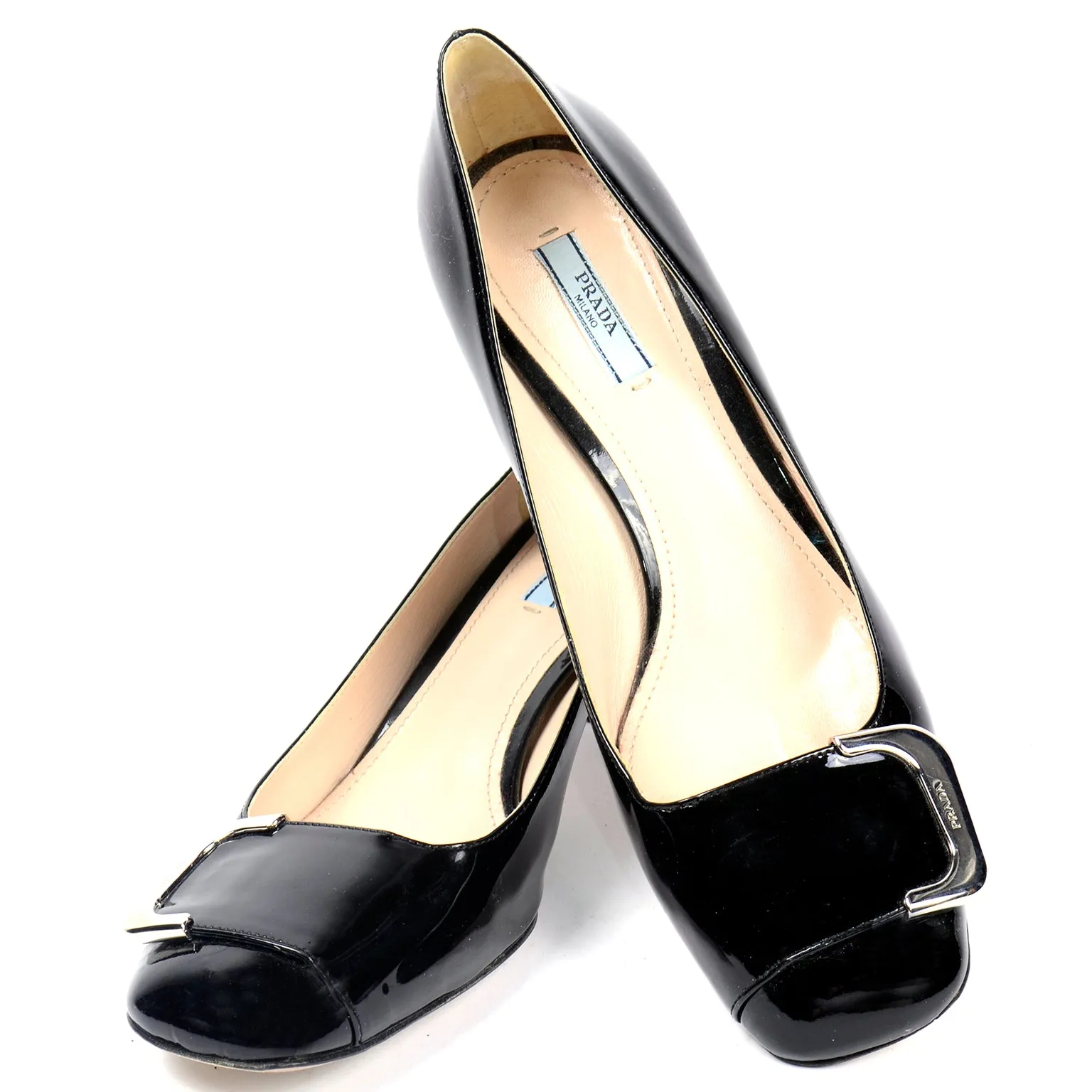 Prada Black Patent Leather Low Heel Pumps w Silver Monogrammed Buckle 40