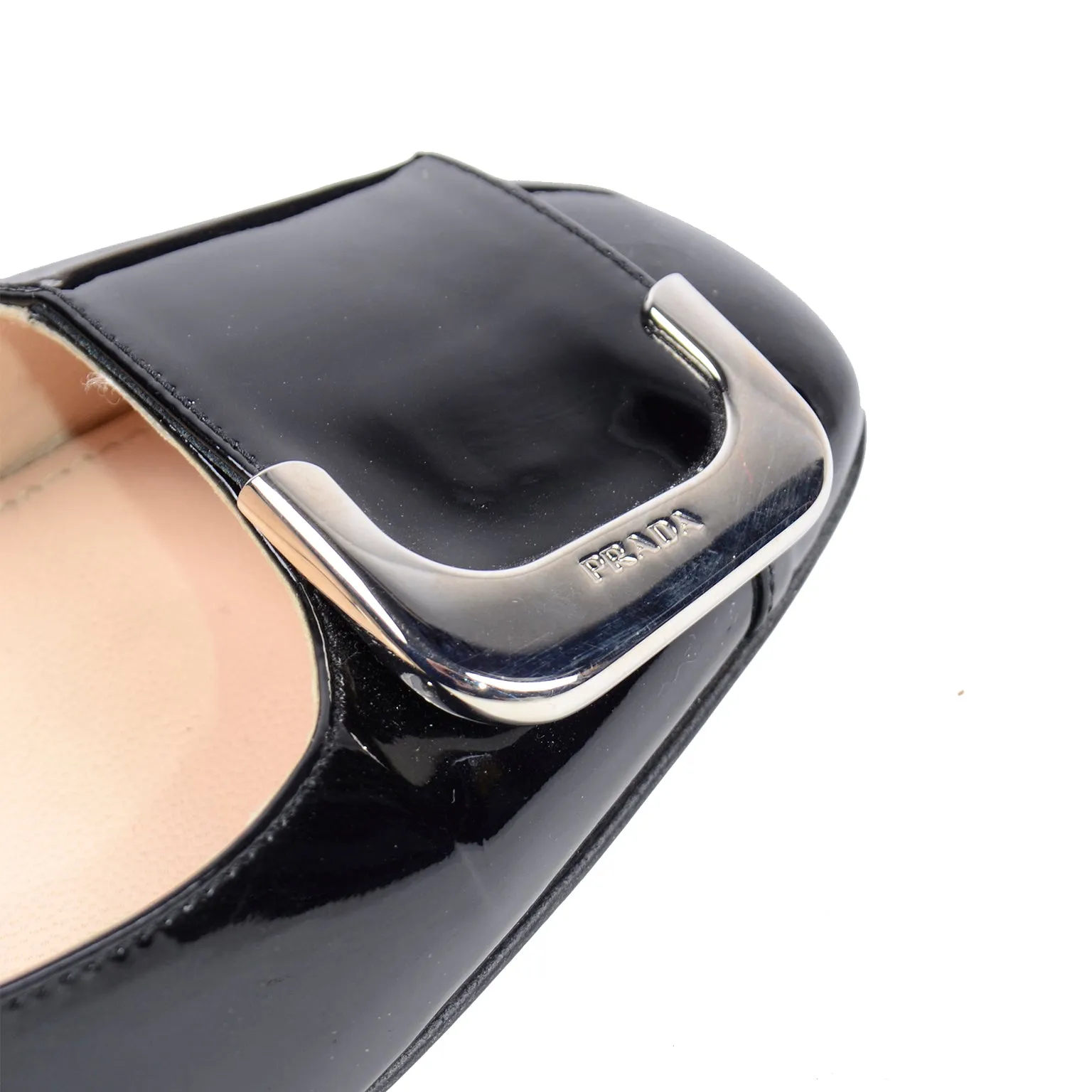 Prada Black Patent Leather Low Heel Pumps w Silver Monogrammed Buckle 40