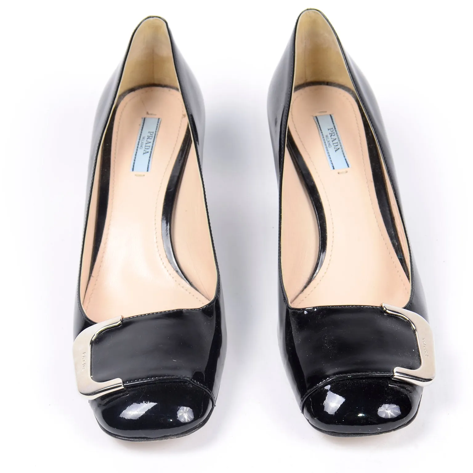Prada Black Patent Leather Low Heel Pumps w Silver Monogrammed Buckle 40