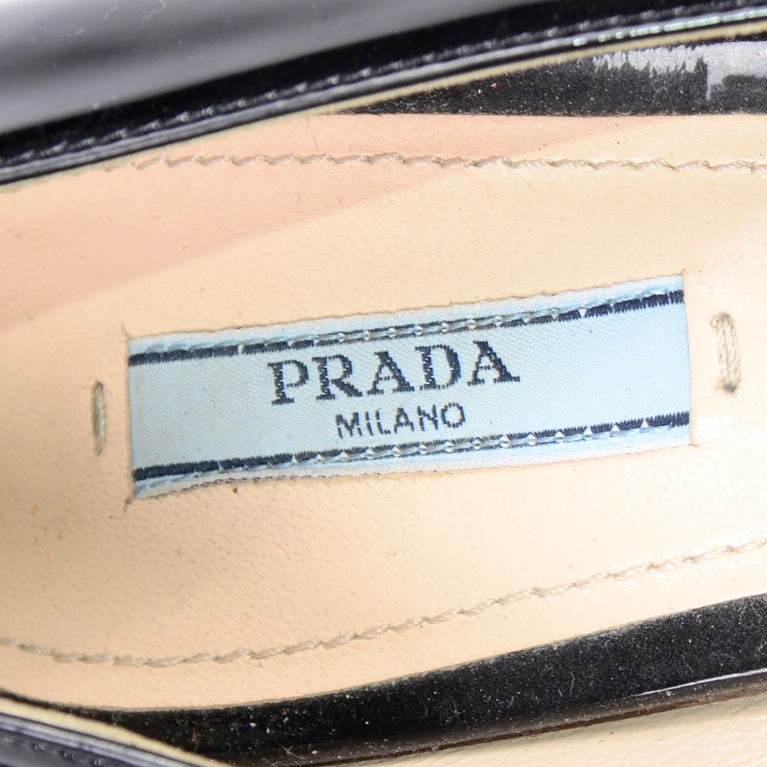 Prada Black Patent Leather Low Heel Pumps w Silver Monogrammed Buckle 40