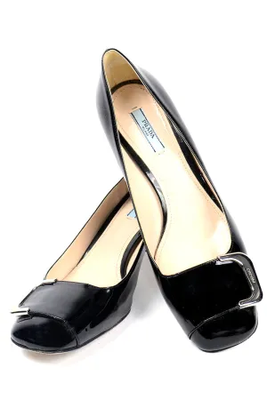 Prada Black Patent Leather Low Heel Pumps w Silver Monogrammed Buckle 40