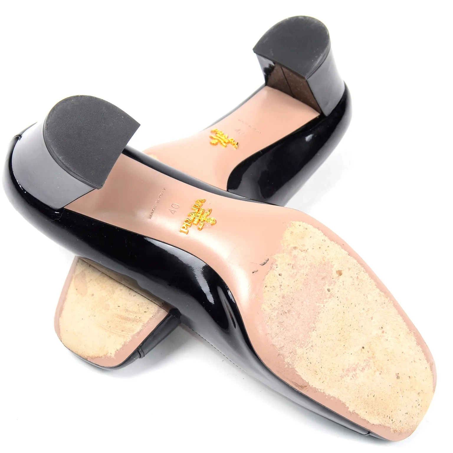 Prada Black Patent Leather Low Heel Pumps w Silver Monogrammed Buckle 40