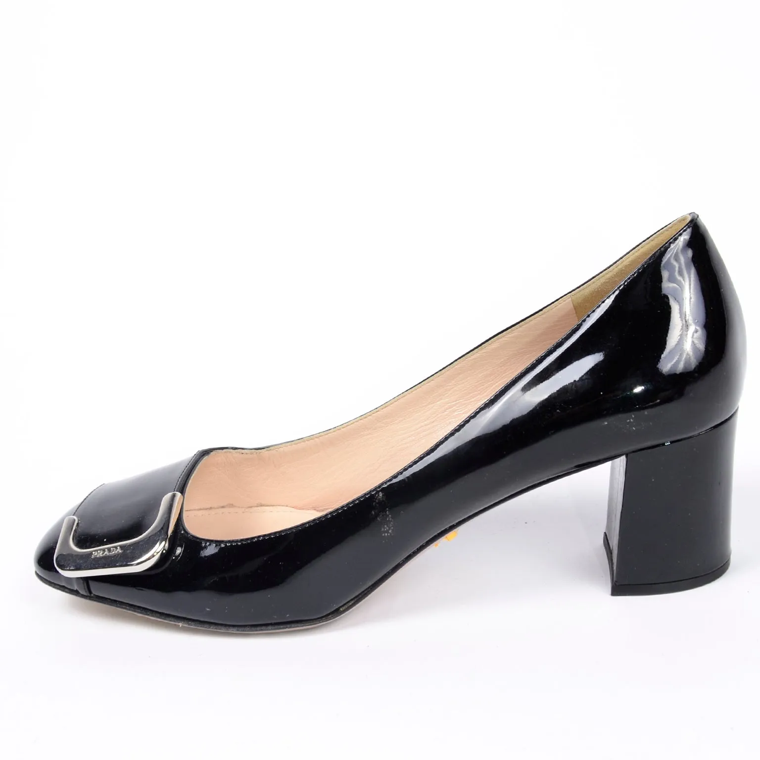 Prada Black Patent Leather Low Heel Pumps w Silver Monogrammed Buckle 40