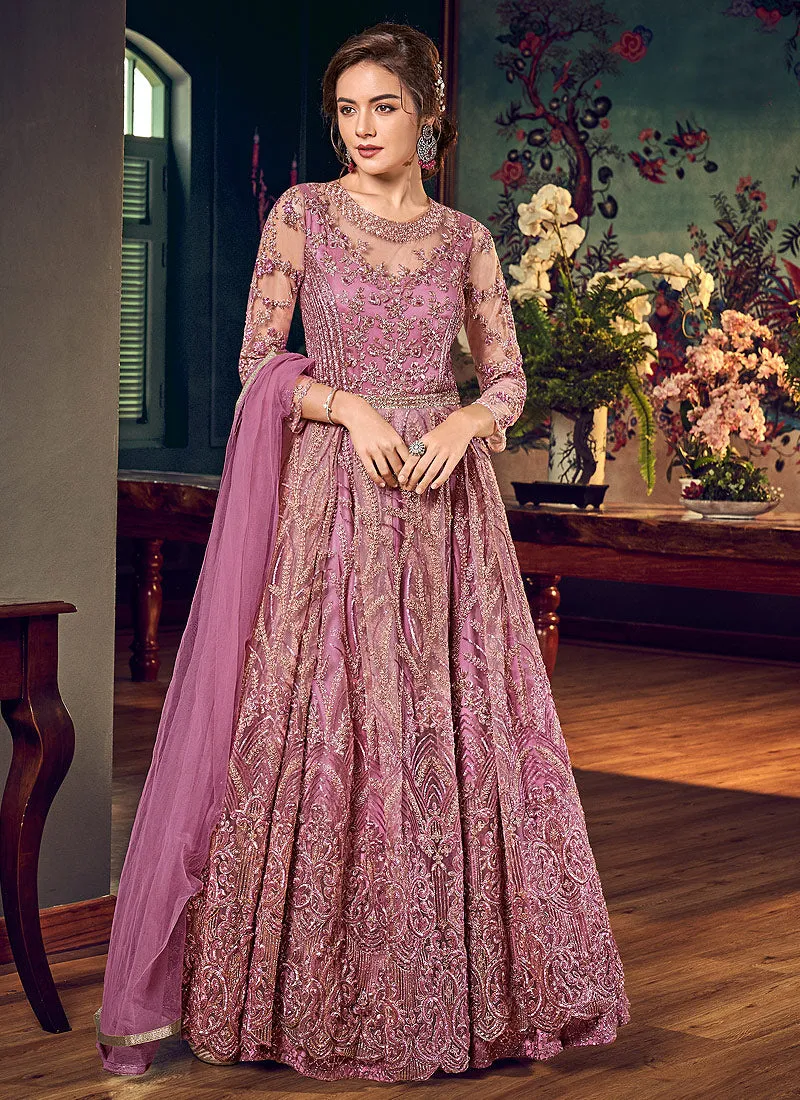 Purple Golden Embroidered Anarkali Pant Suit