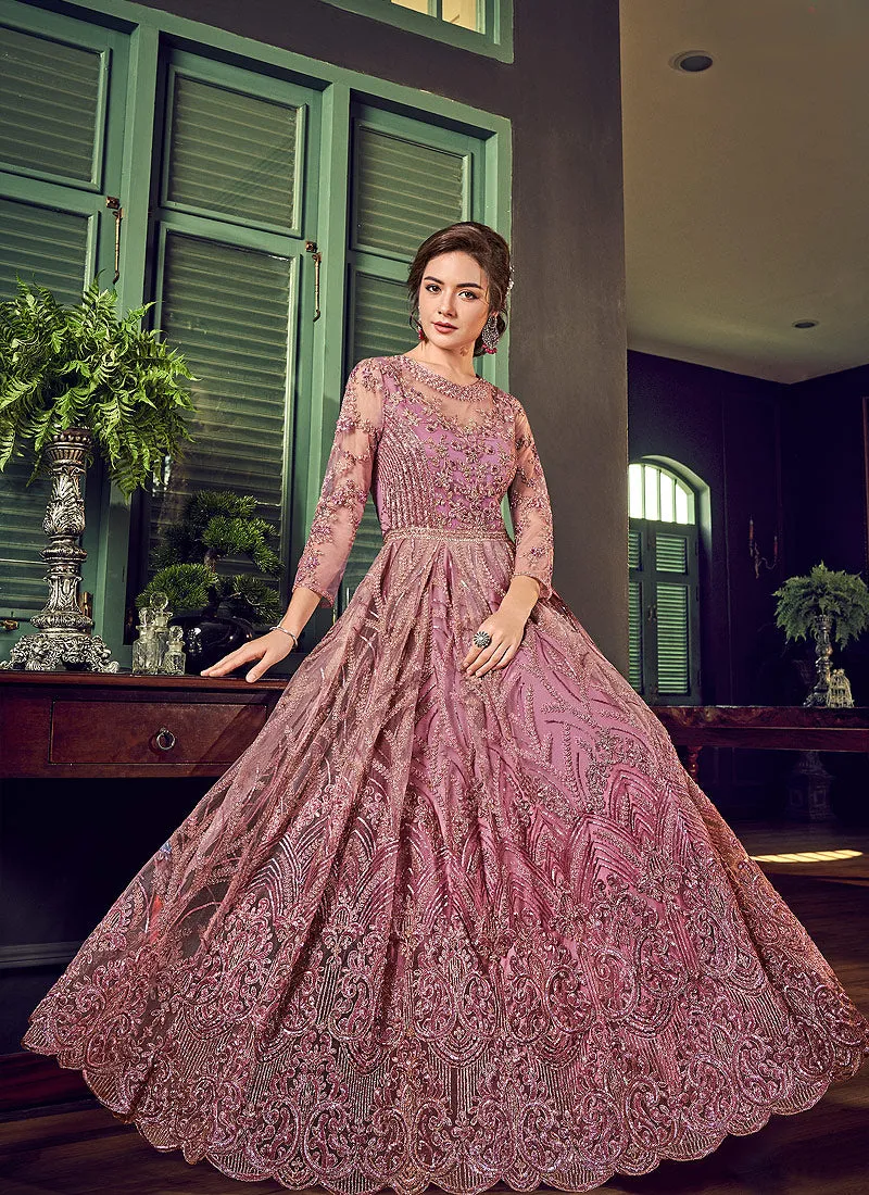 Purple Golden Embroidered Anarkali Pant Suit