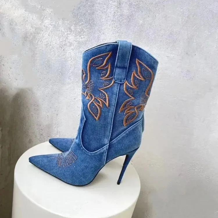 Rania Stilettos Embroidered knee high cowgirl boots