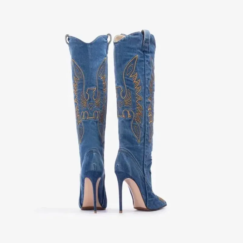 Rania Stilettos Embroidered knee high cowgirl boots