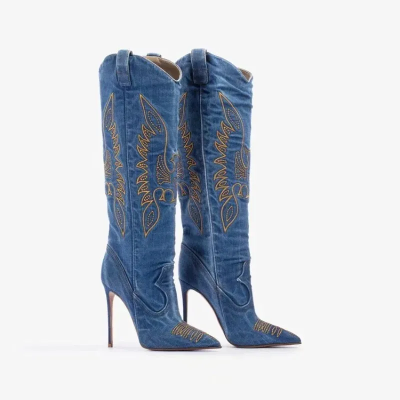 Rania Stilettos Embroidered knee high cowgirl boots