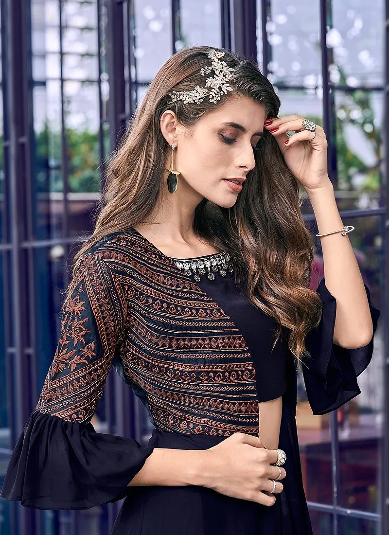 Ravishing Black Fancy Georgette Top Jacket Style Palazzo Suit