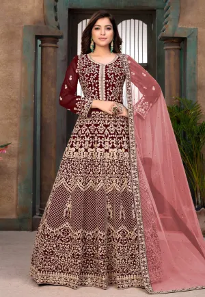 Red Faux Georgette Floor Length Anarkali Suit