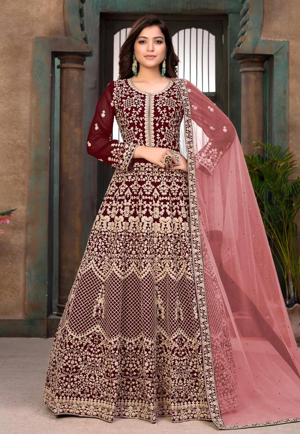 Red Faux Georgette Floor Length Anarkali Suit