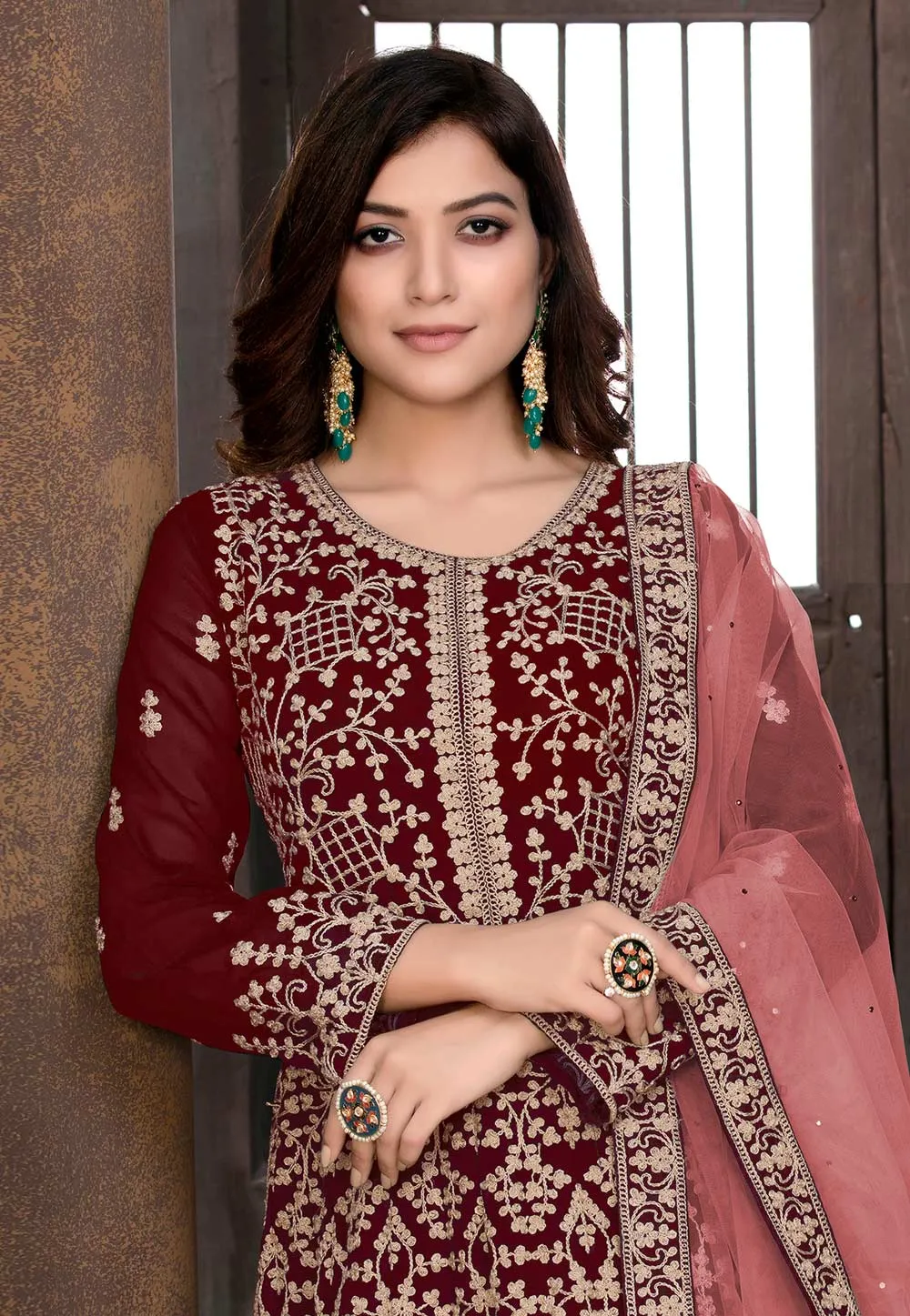 Red Faux Georgette Floor Length Anarkali Suit