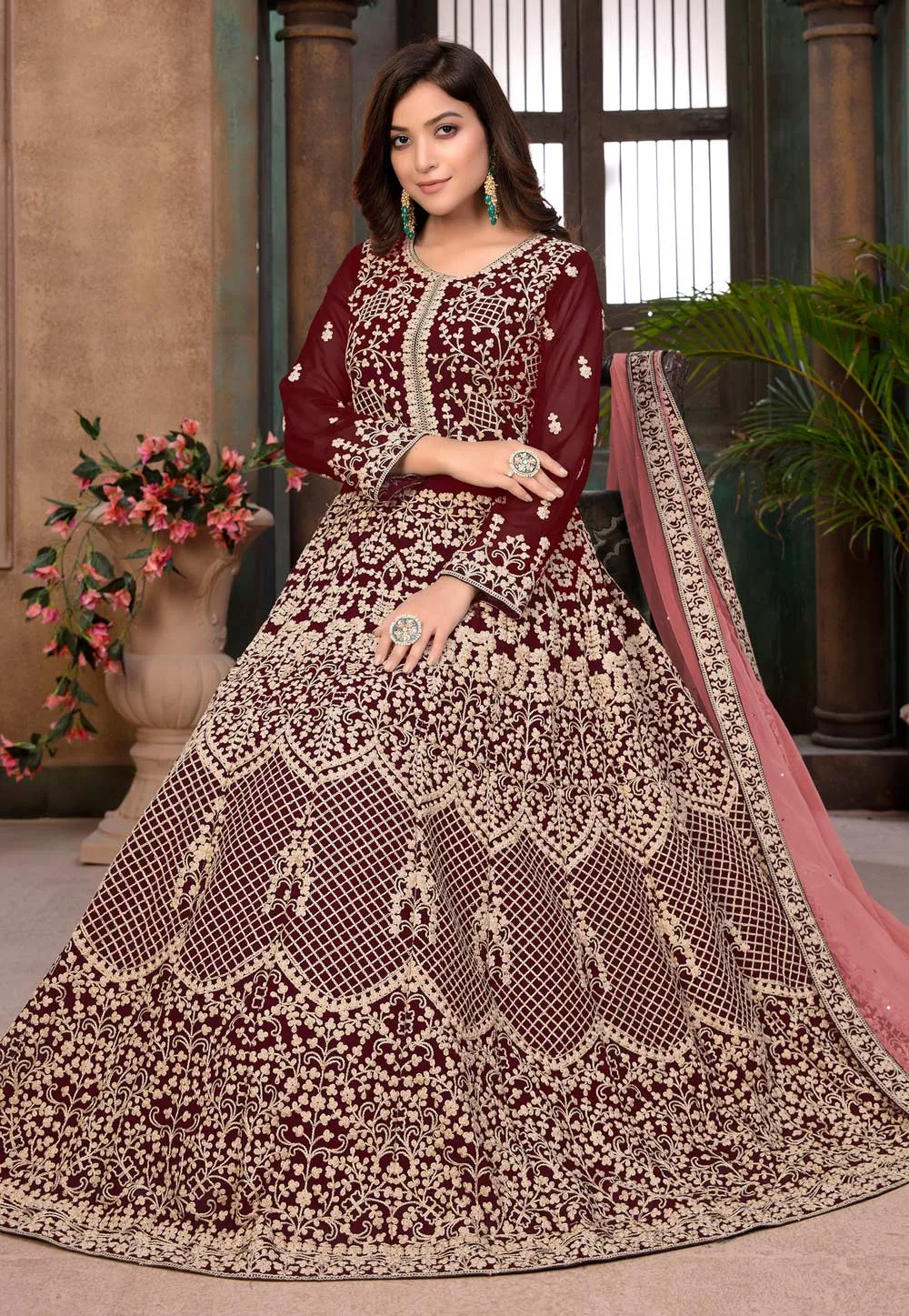 Red Faux Georgette Floor Length Anarkali Suit