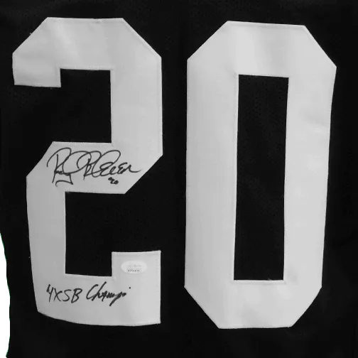 Rocky Bleier Autographed Pro Style Football Jersey Black (Beckett) 4X Super Bowl Champ Inscription