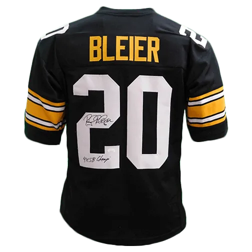 Rocky Bleier Autographed Pro Style Football Jersey Black (Beckett) 4X Super Bowl Champ Inscription