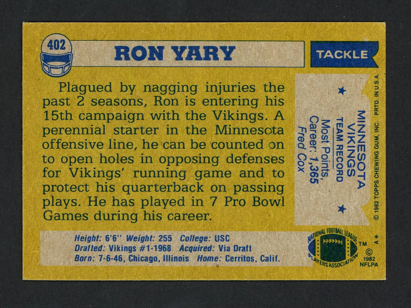 Ron Yary Autographed 1982 Topps Card #402 Minnesota Vikings SKU #160381