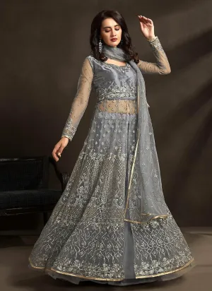 Royal Grey Detailed Embroidered Designer Anarkali Suit