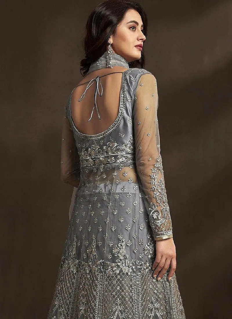 Royal Grey Detailed Embroidered Designer Anarkali Suit