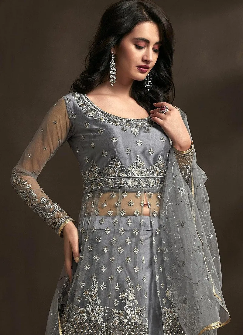 Royal Grey Detailed Embroidered Designer Anarkali Suit