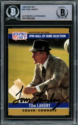 Tom Landry Autographed 1990 Pro Set Rookie Card #28 Dallas Cowboys Beckett BAS #15500398