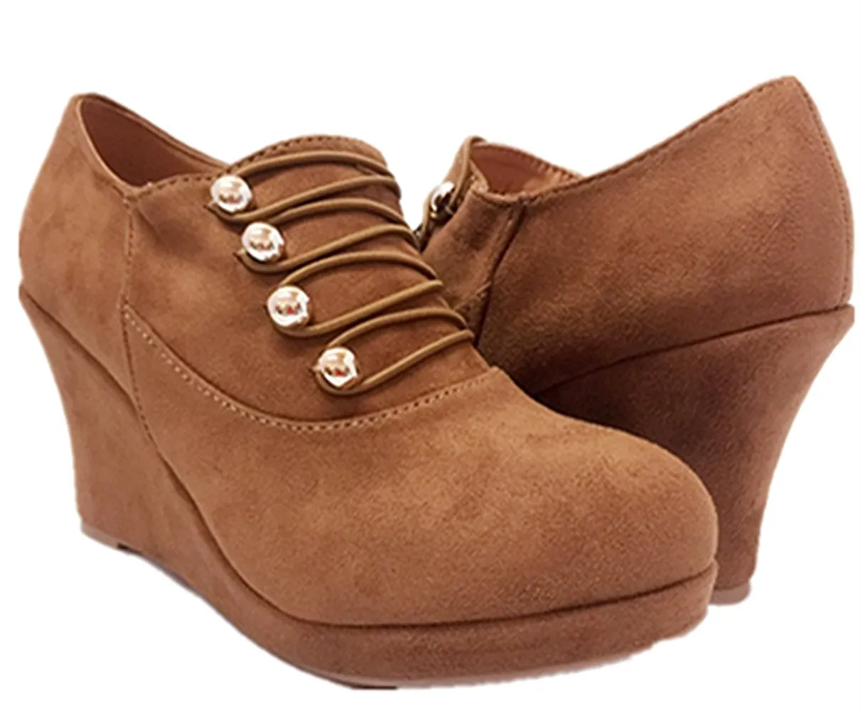 Top Moda Vance-50 Women's Fashion Platform Button Low Heel Wedges Booties Shoes