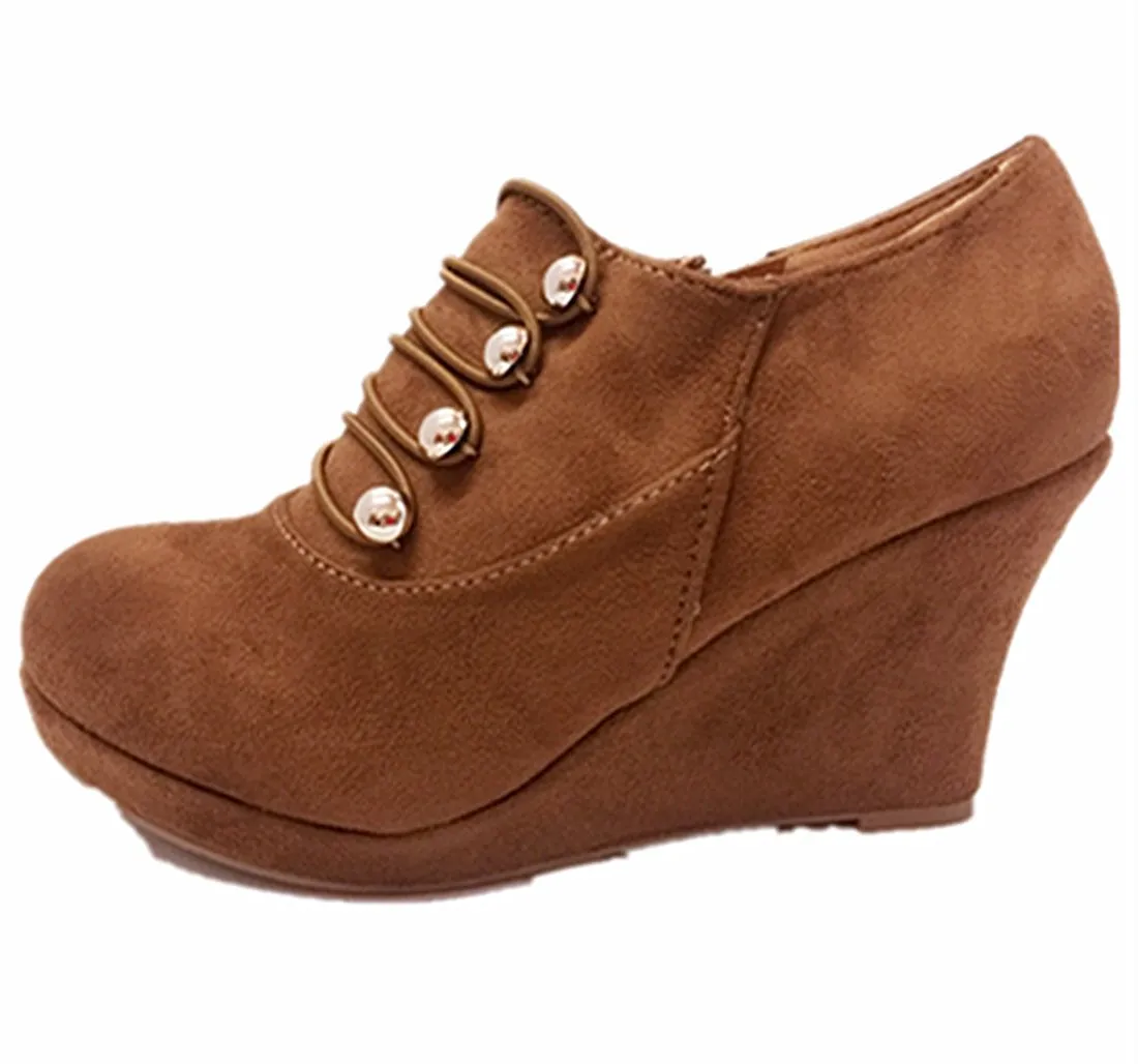 Top Moda Vance-50 Women's Fashion Platform Button Low Heel Wedges Booties Shoes
