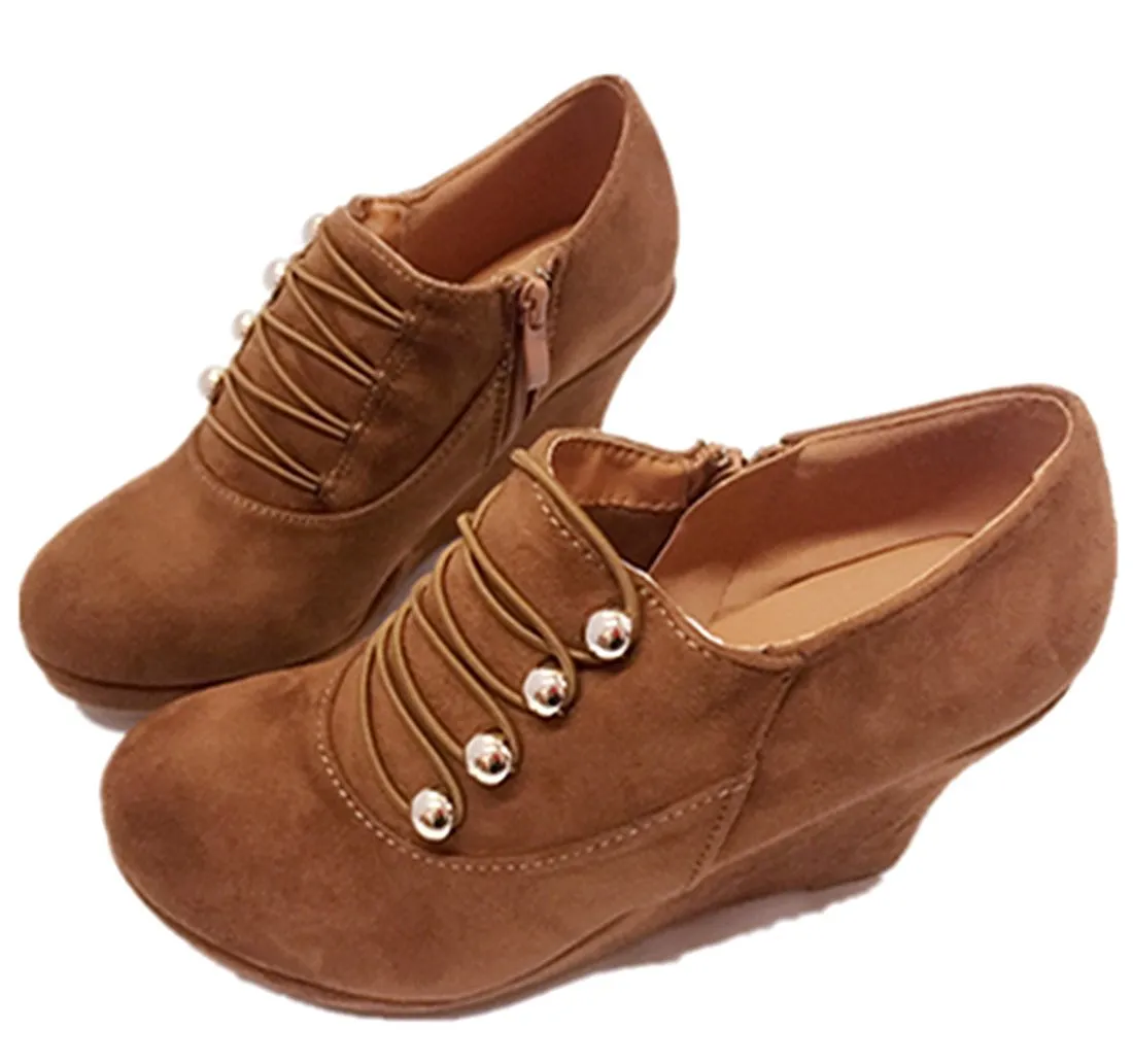 Top Moda Vance-50 Women's Fashion Platform Button Low Heel Wedges Booties Shoes