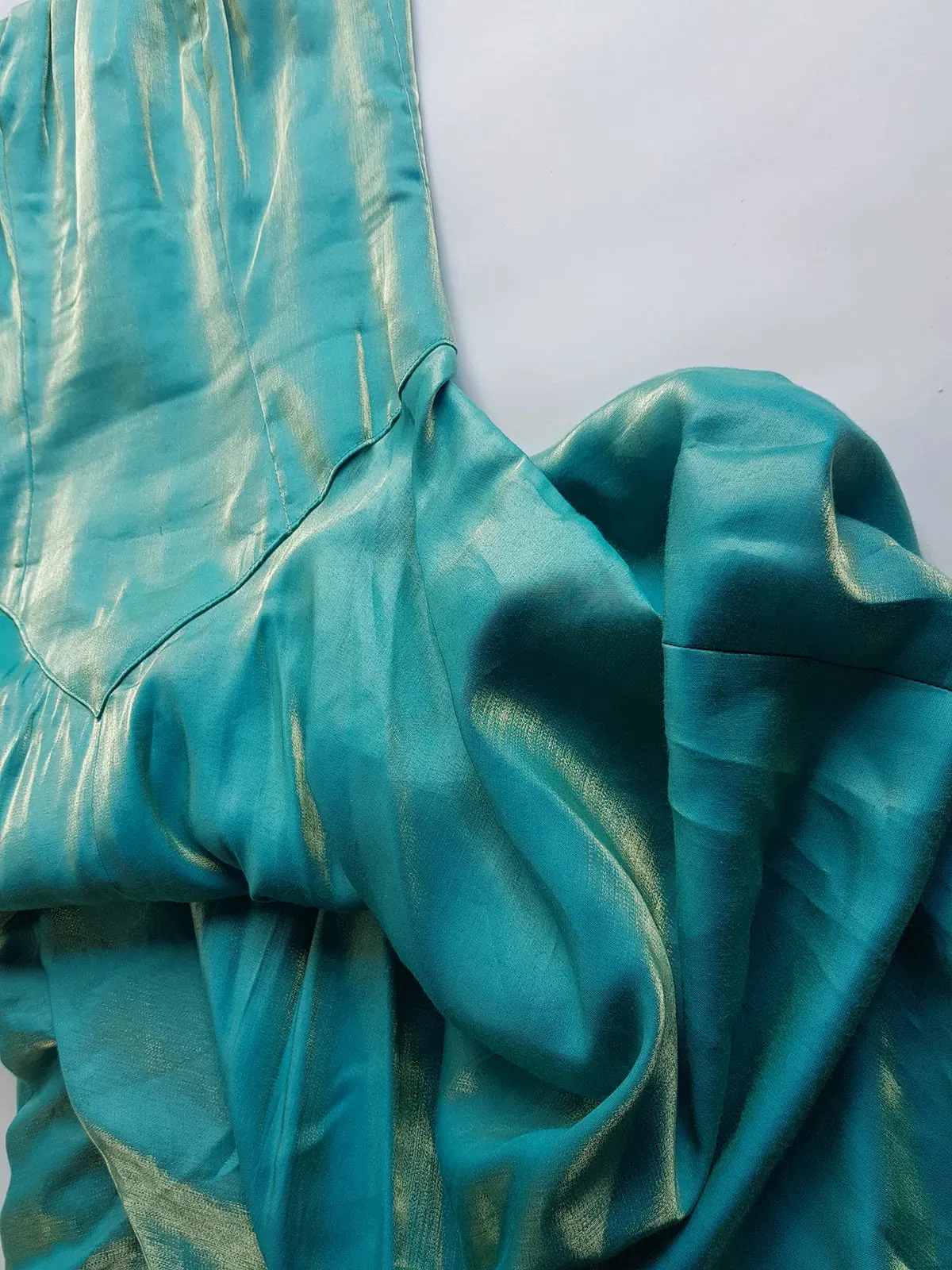 Ultimate 90s Siren / Mermaid Floor Length Dramatic Strapless Corset Gown - Iridescent Shimmery Blue with Gold Flare - Scalloped Hemline - Fully Boned Bodice