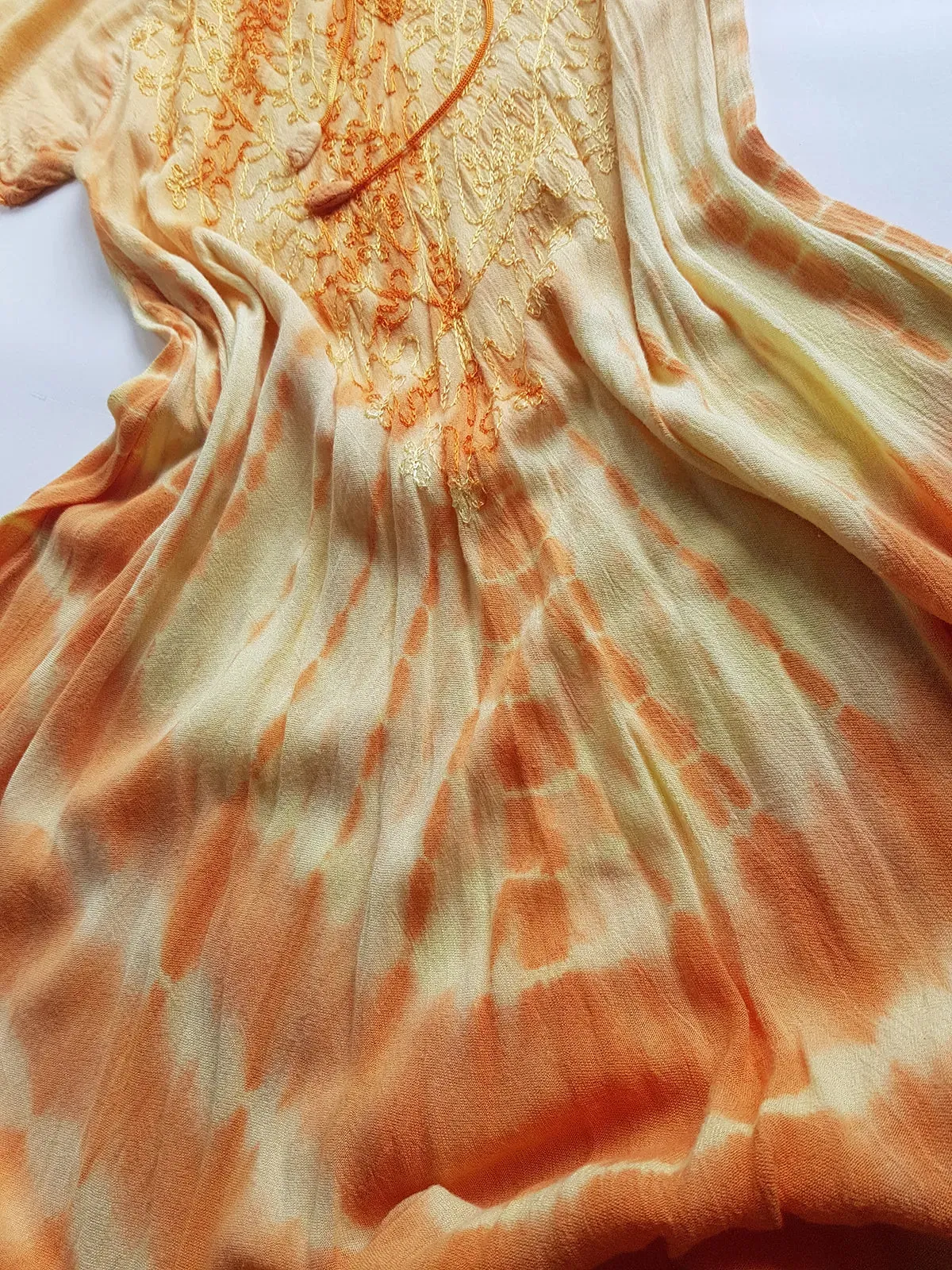 Unbelievable 90s Sunset Yellow & Orange Bohemian Goddess Sundress - Embroidered Silky Soft Cotton - Bohemian Goddess - Hand Dyed - Asymmetrical Hemline & Flattering Hourglass Shape