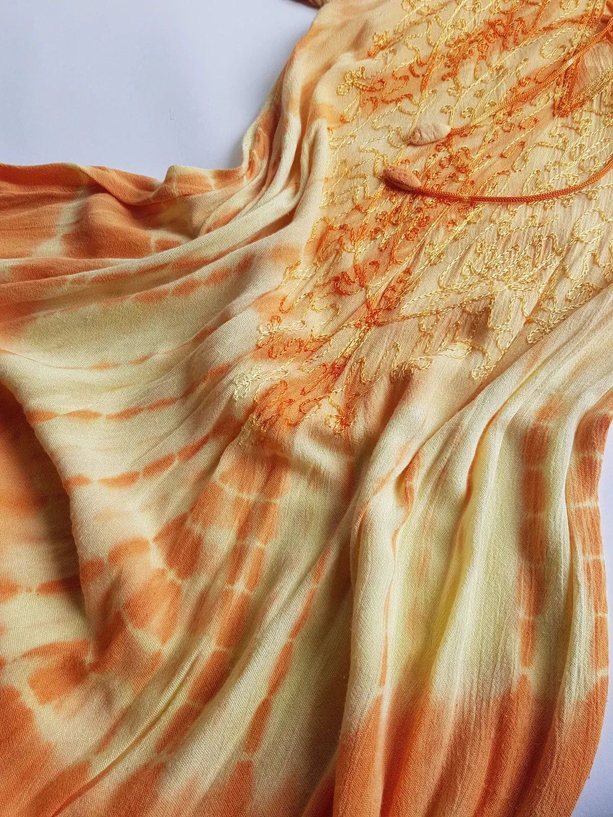 Unbelievable 90s Sunset Yellow & Orange Bohemian Goddess Sundress - Embroidered Silky Soft Cotton - Bohemian Goddess - Hand Dyed - Asymmetrical Hemline & Flattering Hourglass Shape