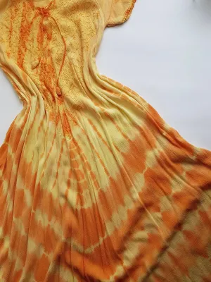 Unbelievable 90s Sunset Yellow & Orange Bohemian Goddess Sundress - Embroidered Silky Soft Cotton - Bohemian Goddess - Hand Dyed - Asymmetrical Hemline & Flattering Hourglass Shape