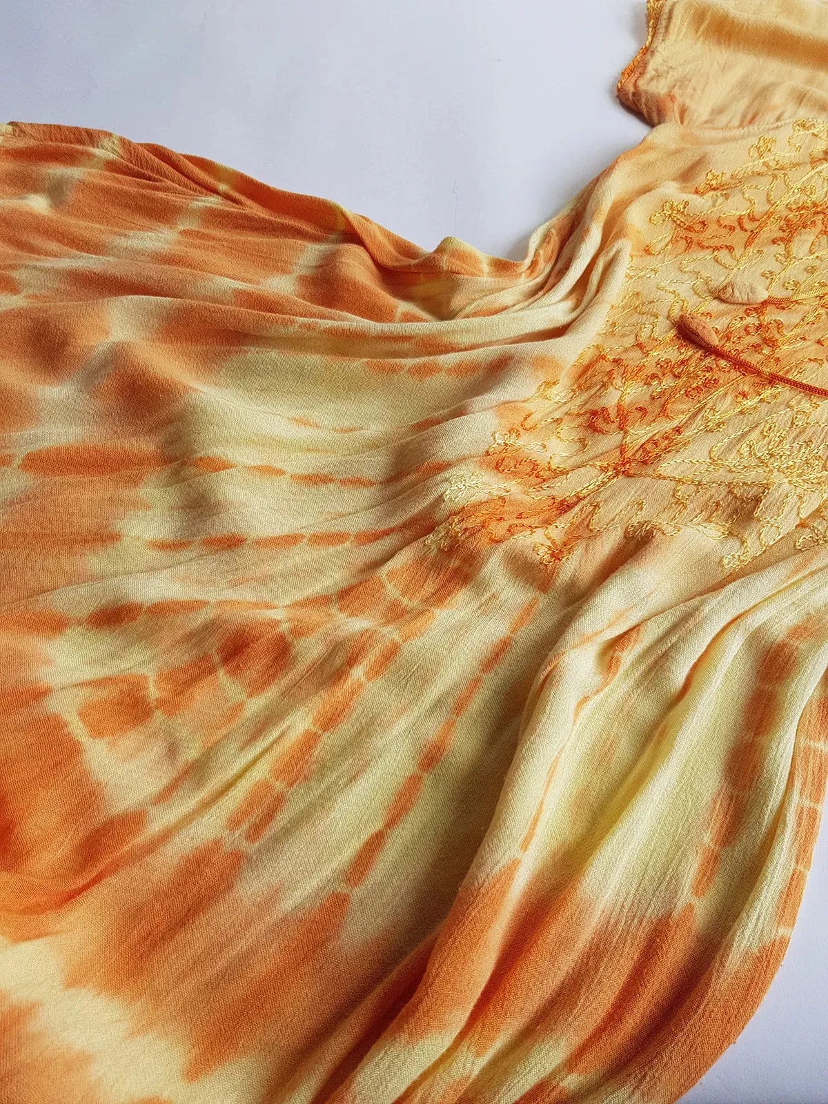 Unbelievable 90s Sunset Yellow & Orange Bohemian Goddess Sundress - Embroidered Silky Soft Cotton - Bohemian Goddess - Hand Dyed - Asymmetrical Hemline & Flattering Hourglass Shape