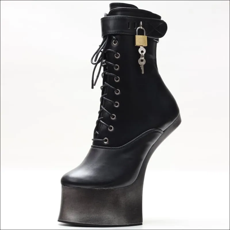 Unique Heel-less Hoof Lace Up Cosplay Lockable Boots in Black