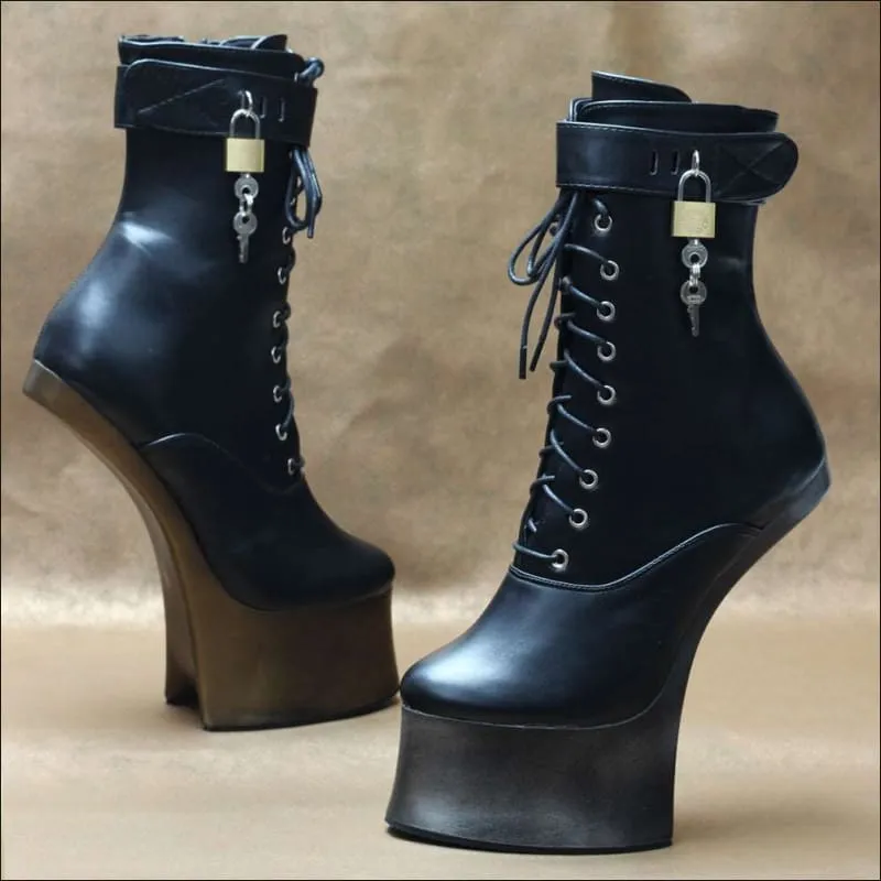 Unique Heel-less Hoof Lace Up Cosplay Lockable Boots in Black