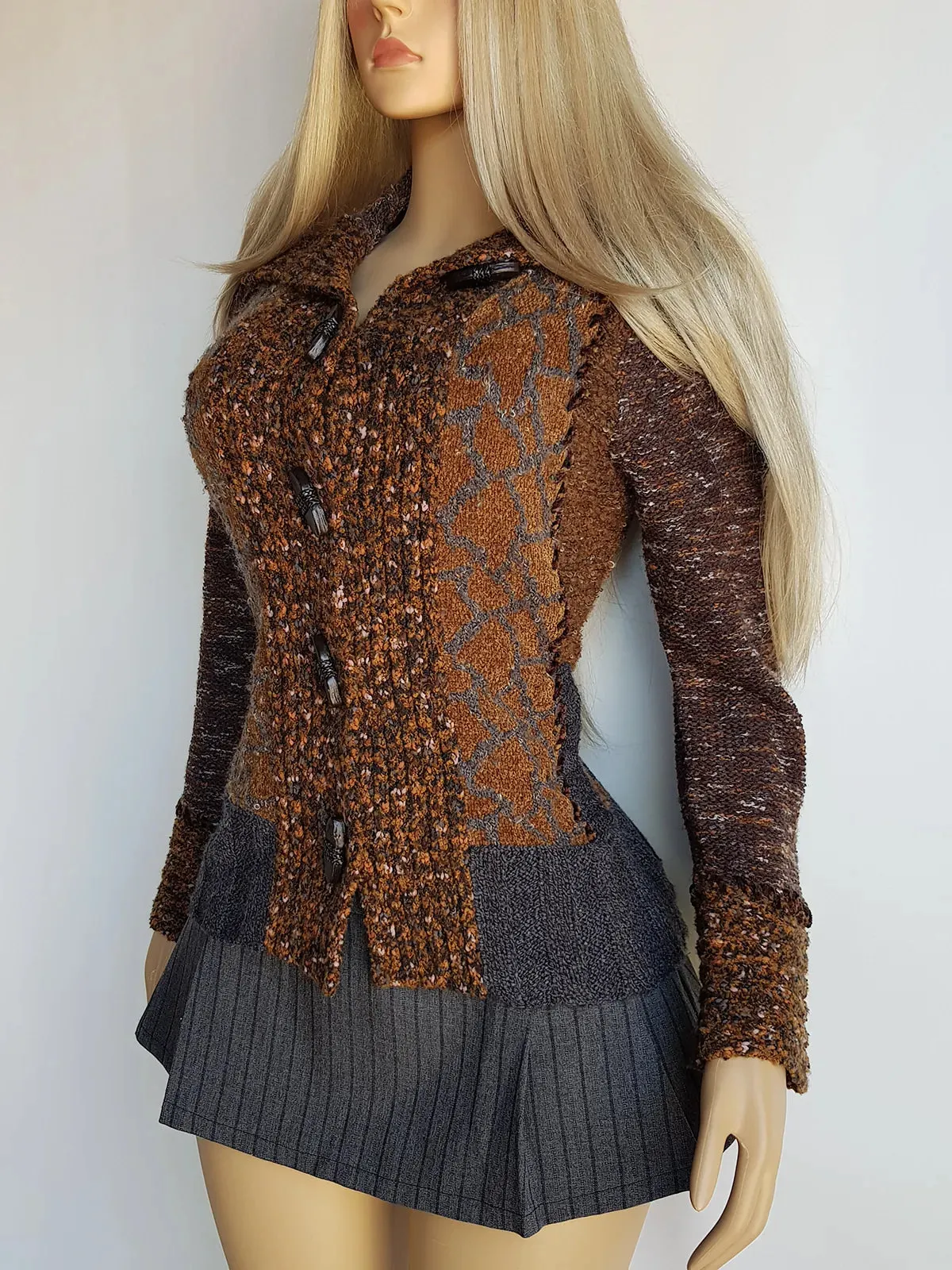Vintage 1990s Sexy Earth Fairy Woodland Toned -  Hand Knitted Jacket with Leather Toggle Buttons