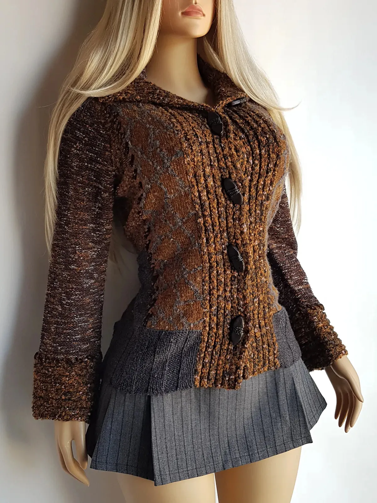 Vintage 1990s Sexy Earth Fairy Woodland Toned -  Hand Knitted Jacket with Leather Toggle Buttons