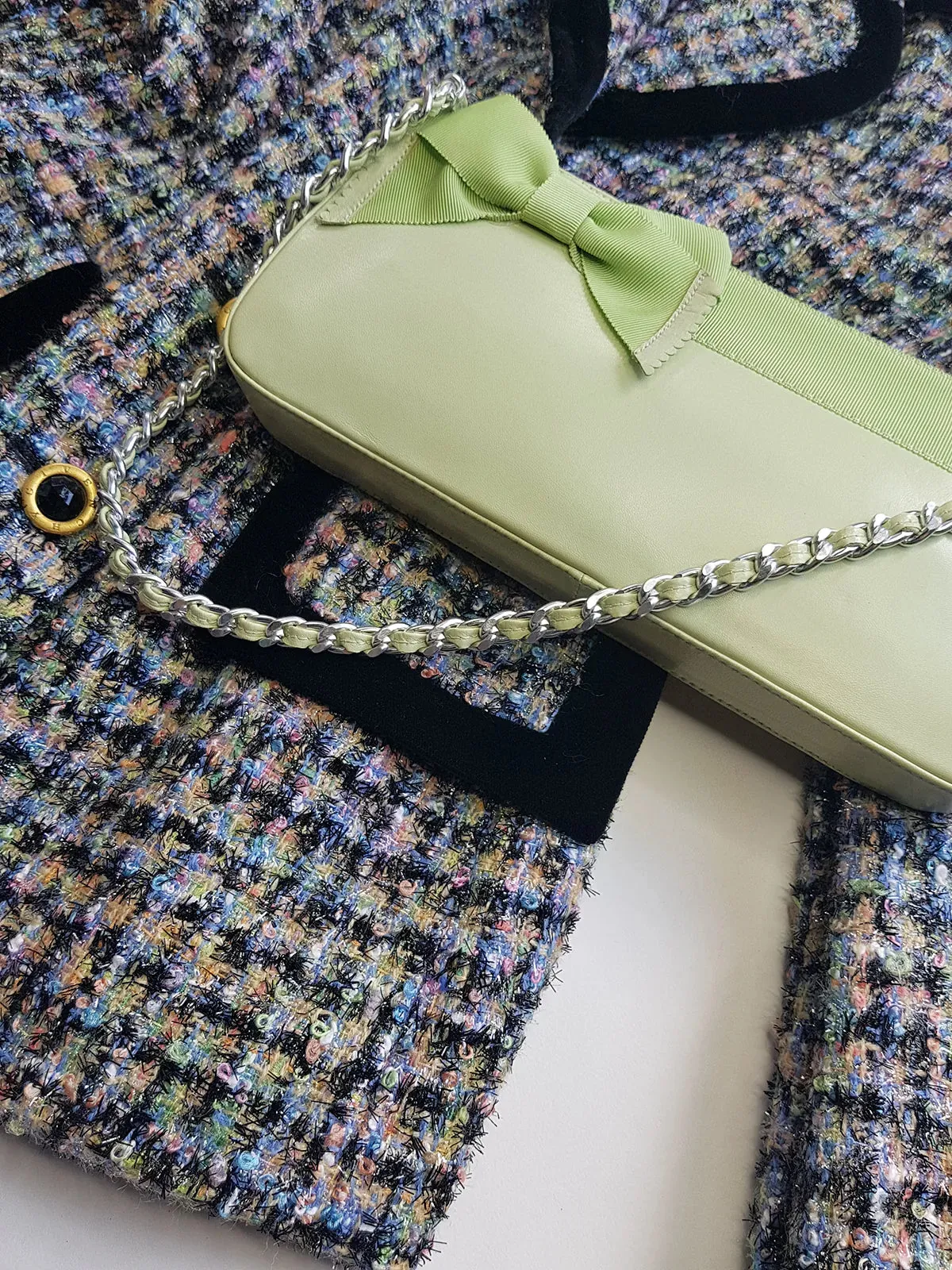 Vintage 2000s Designer Beverly Feldman Leather Purse in the Sweetest Mint Green & Plaid Lining - Chain Strap & Little Bow with Intricate Scalloped Leather Edging (Original Dustbag Included)