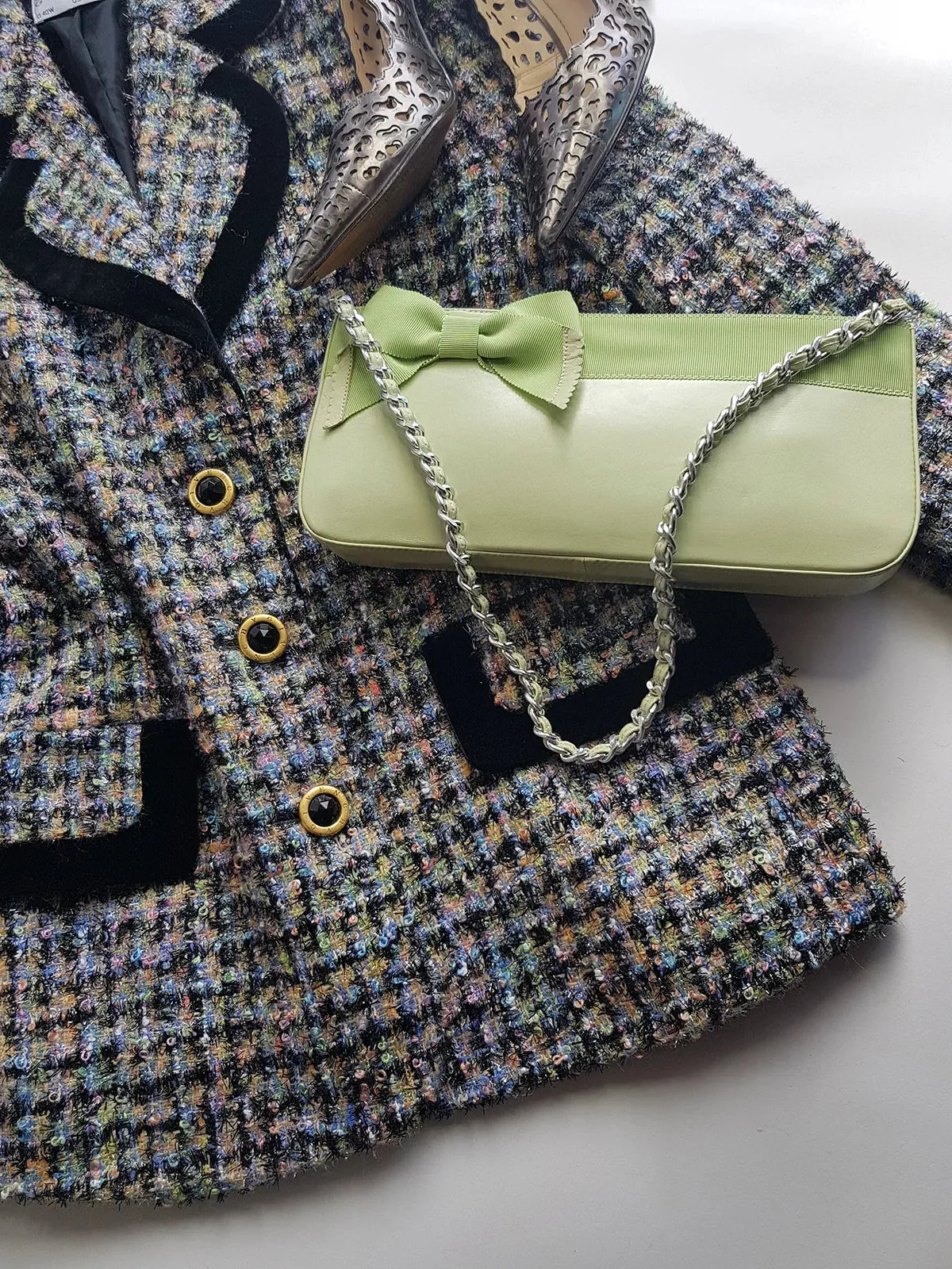 Vintage 2000s Designer Beverly Feldman Leather Purse in the Sweetest Mint Green & Plaid Lining - Chain Strap & Little Bow with Intricate Scalloped Leather Edging (Original Dustbag Included)