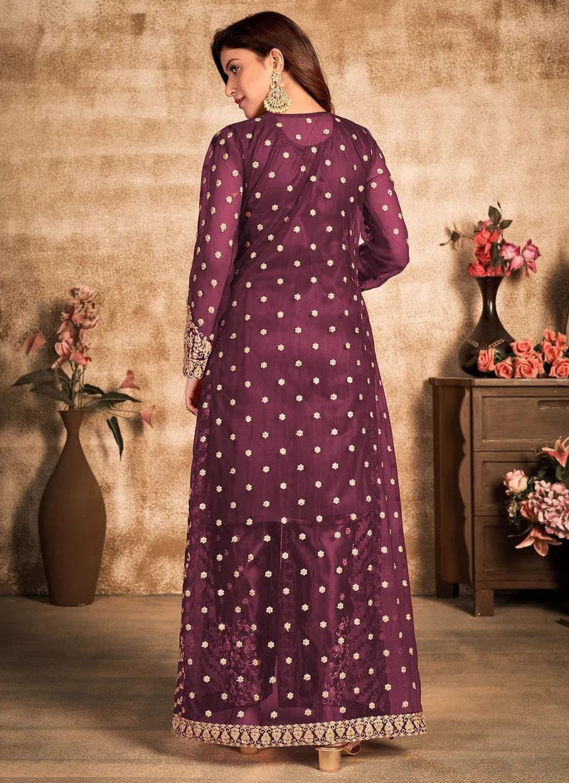 Wine Traditional Embroidered Jacket Style Pant Suit